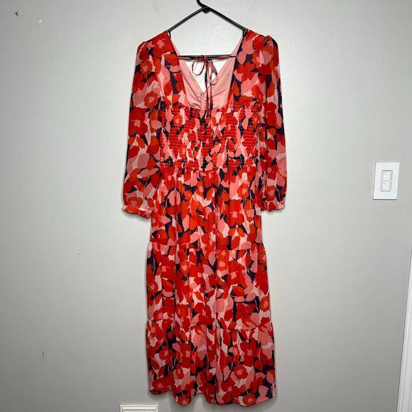Sincerely Jules Red Floral Maxi Dress Sz M 3/4 Sleeve Smocked Back V-Neck Lined - Picture 6 of 12